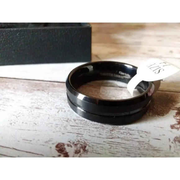 NIB Size 14 Classic Black 8mm Grooved Tungsten Carbide Wedding Band Ring - Picture 4 of 6